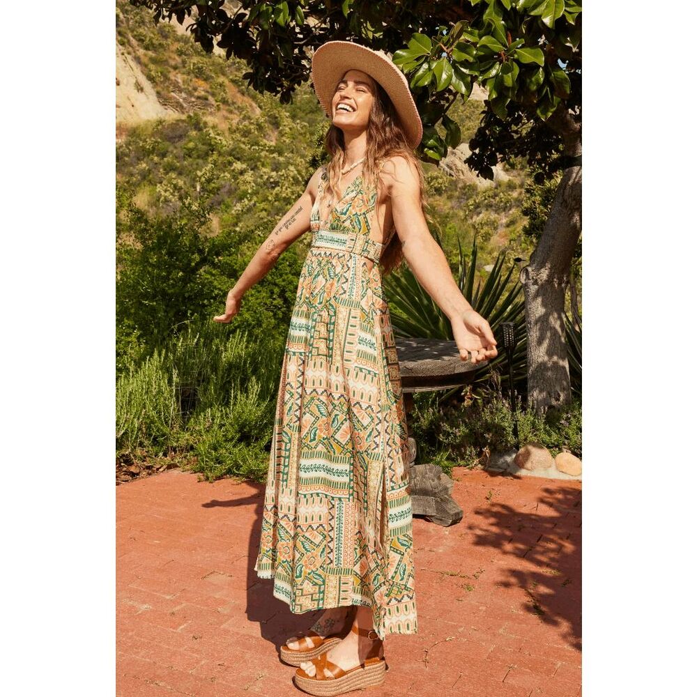 Bila77 Sophia Dress Womens Large Cutouts Slits Deep V Smocked Waist Boho #J